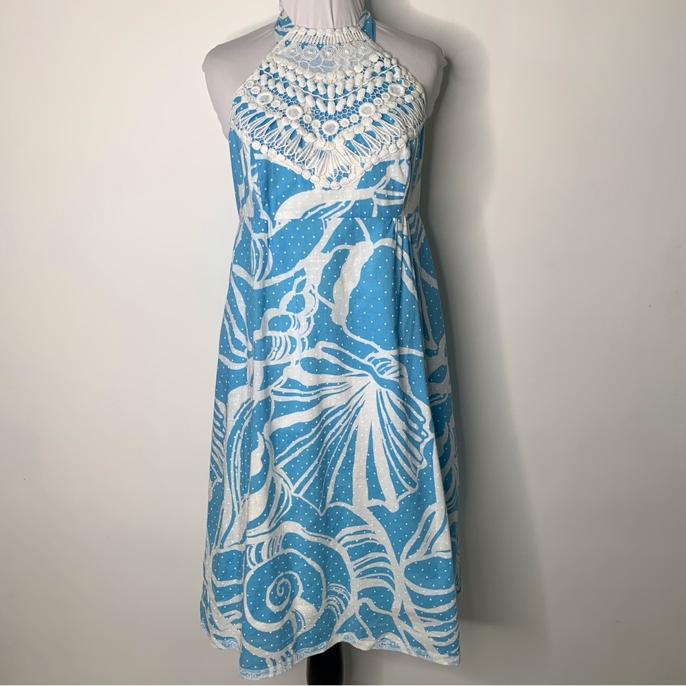 Lilly Pulitzer Women's Blue White Brighton Sea-Spray King Conch Halter Dress 6